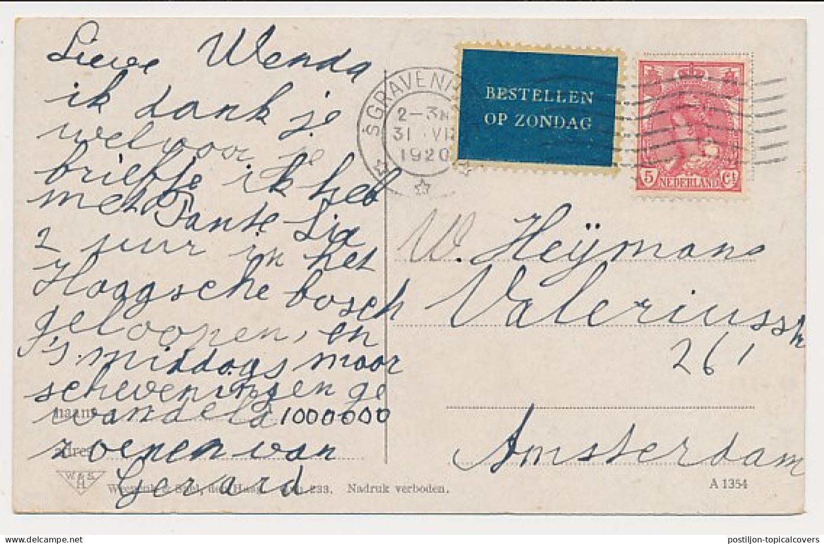 Bestellen Op Zondag - Den Haag - Amsterdam 1920 - Briefe U. Dokumente