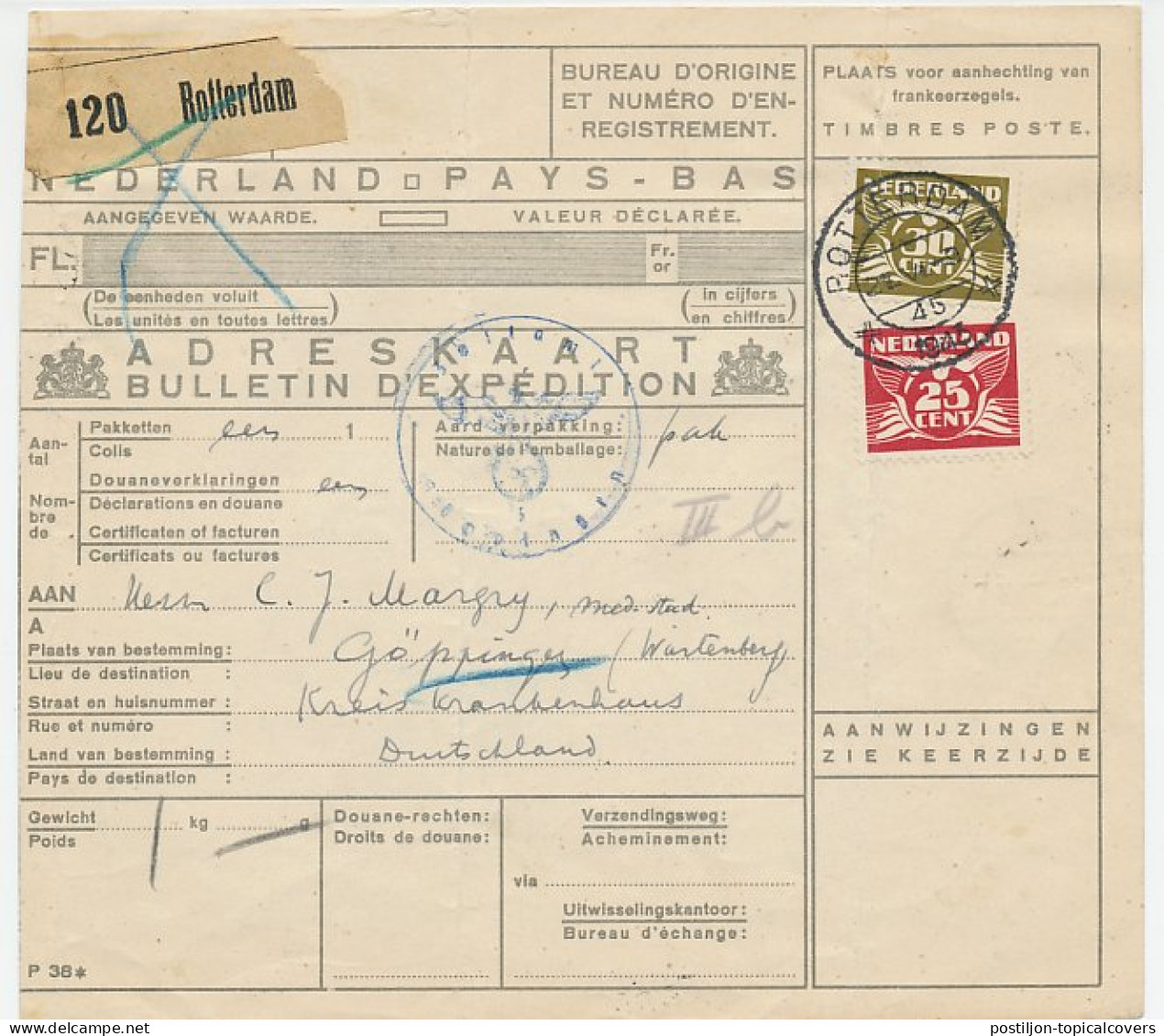 Em. Duif Pakketkaart Rotterdam - Duitsland 1943 - Sin Clasificación