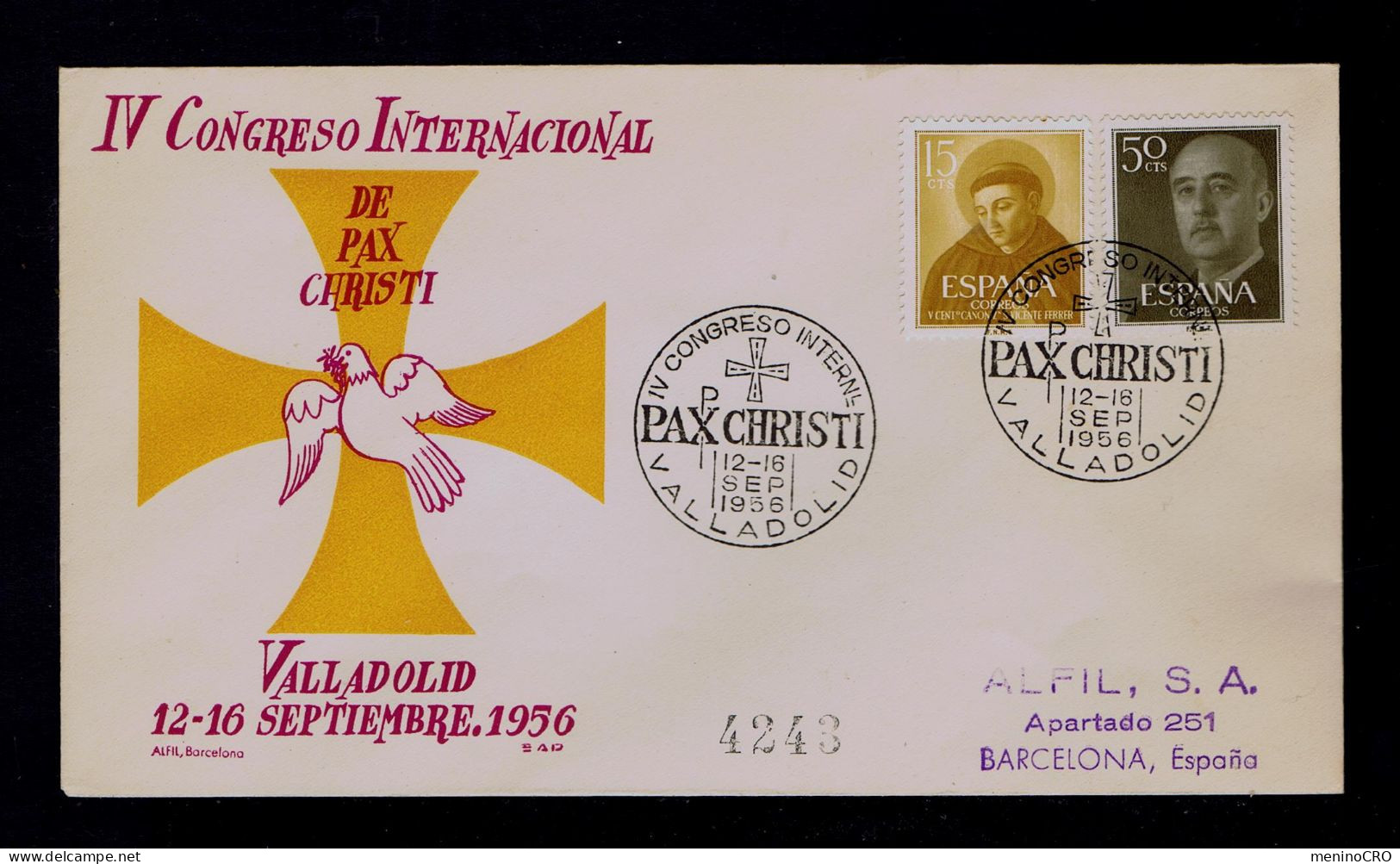Gc8561 SPAIN PAX CHRISTI "IV Int Congress" Religions Mailed 1956 Valladolid »Barcelona - Christentum
