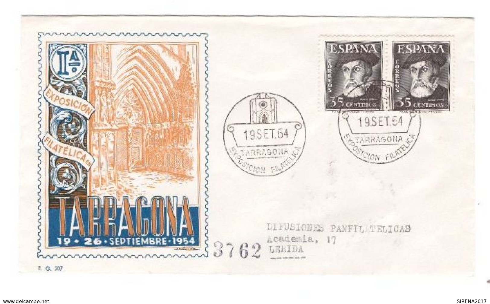 EXPOSICION FILATELICA DE TARRAGONA 1954 - SOBRE CON SELLOS Y SELLOS DE EVENTOS - Máquinas Franqueo (EMA)