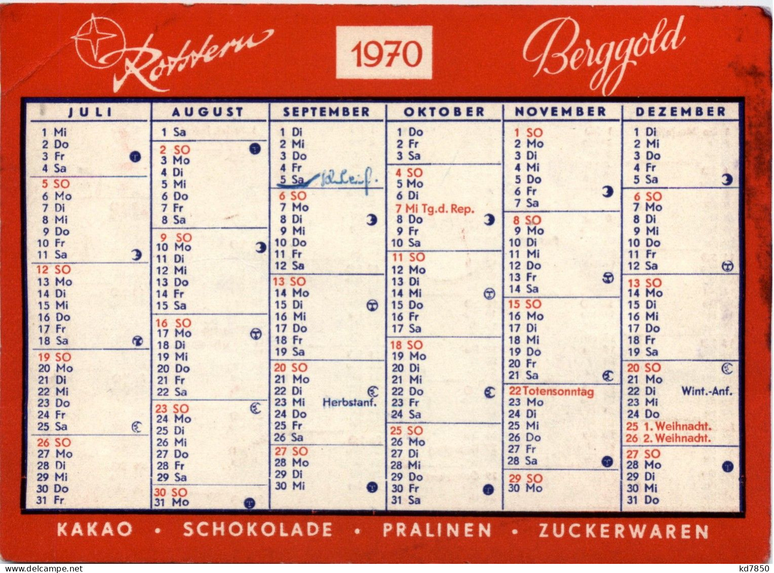 Saalfeld/Saale - Kalender Der Schokoladenfabrik Rotstern Und Berggold - Saalfeld