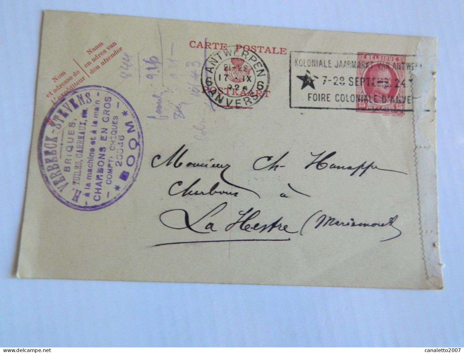 BOOM+BELGIQUE:ENTIER POSTAL DE 1924 AVEC CACHET DE VERBEECK-STEVENS -BRIQUES-TUILLES CARREAUX  CHARBON-A BOOM - Postcards 1909-1934