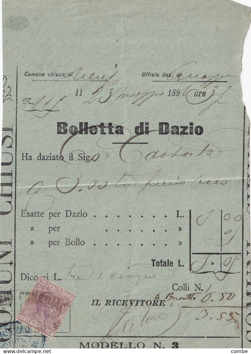 ITALIA. LOT. 12 DOC. MARCA DA BOLLO CENTmi CINQUE.... PONZANO, S.BIASIO, ... - 1946-60: Poststempel