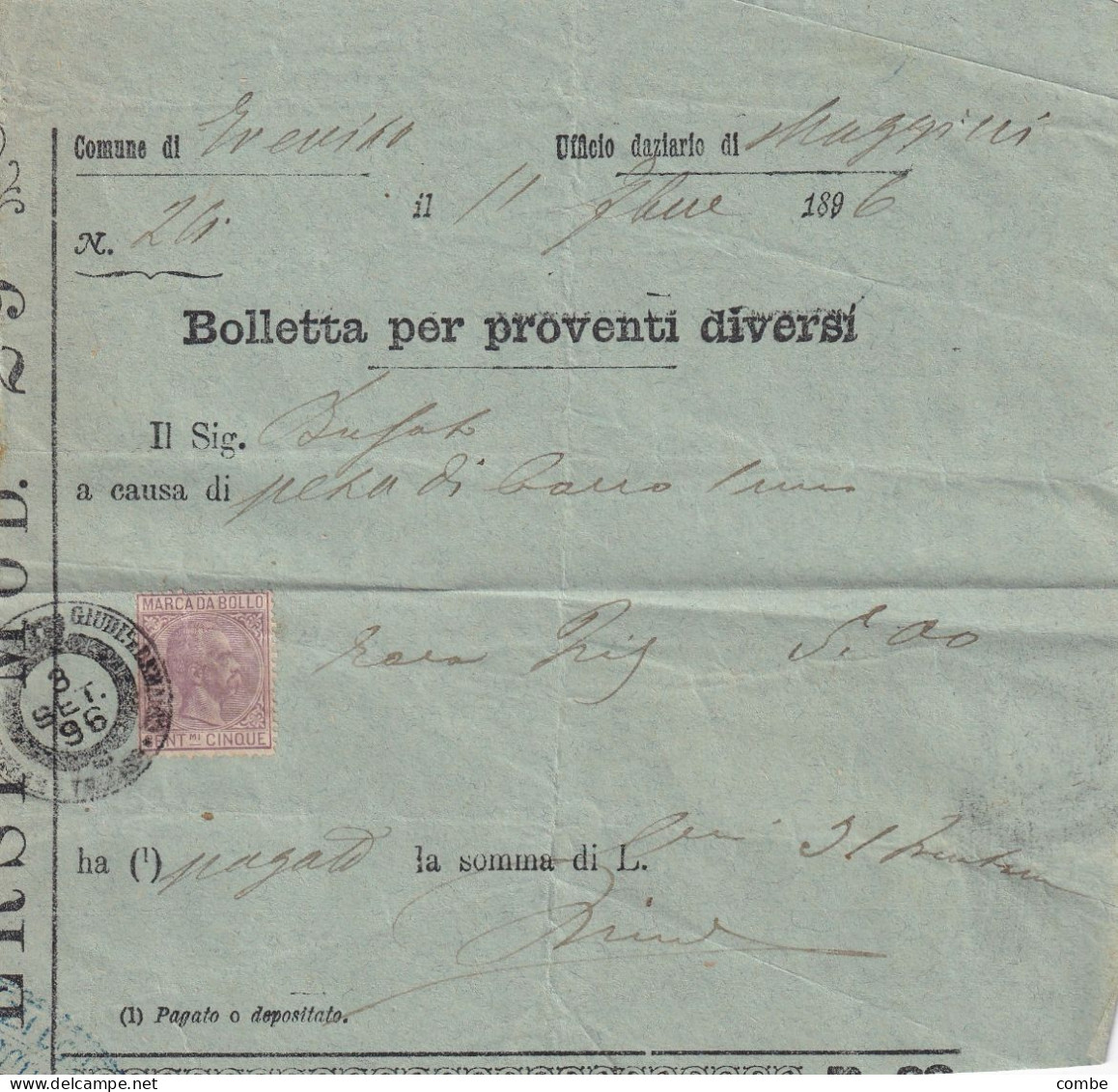 ITALIA. LOT. 12 DOC. MARCA DA BOLLO CENTmi CINQUE.... PONZANO, S.BIASIO, ... - 1946-60: Poststempel