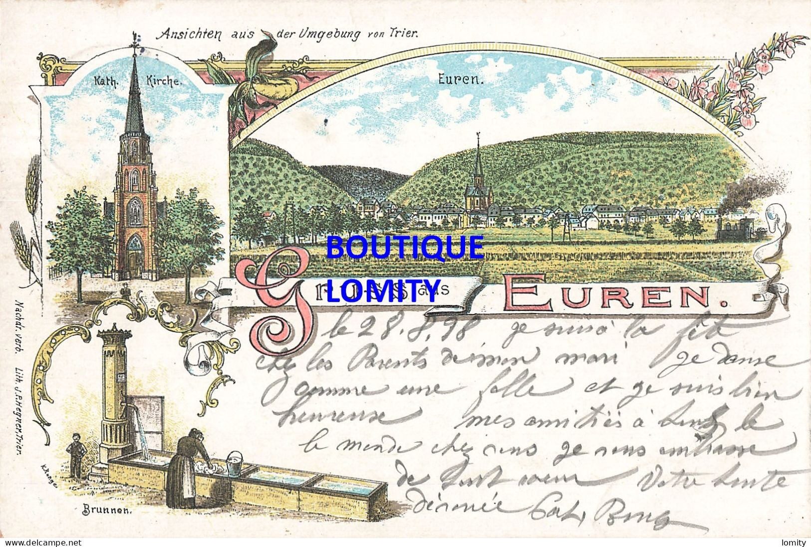 Allemagne Gruss Aus Euren CPA + Timbre Reich Cachet 1898 Lithographie Kirche Brunnen Fontaine Lavoir Lavandiere , Trier - Trier