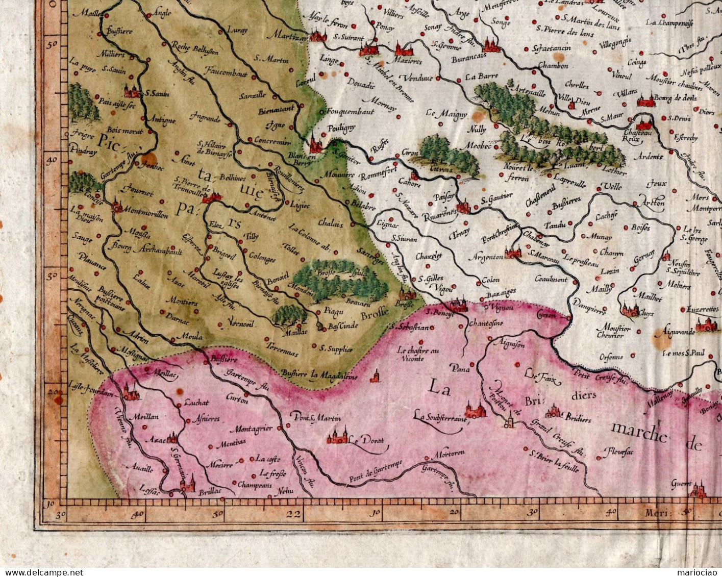 ST-FR BERRY DUCATUS 1610 Mercator-Hondius -BOURGES, Cher, Indre, Vienne Cm 52,5x39 - Estampes & Gravures