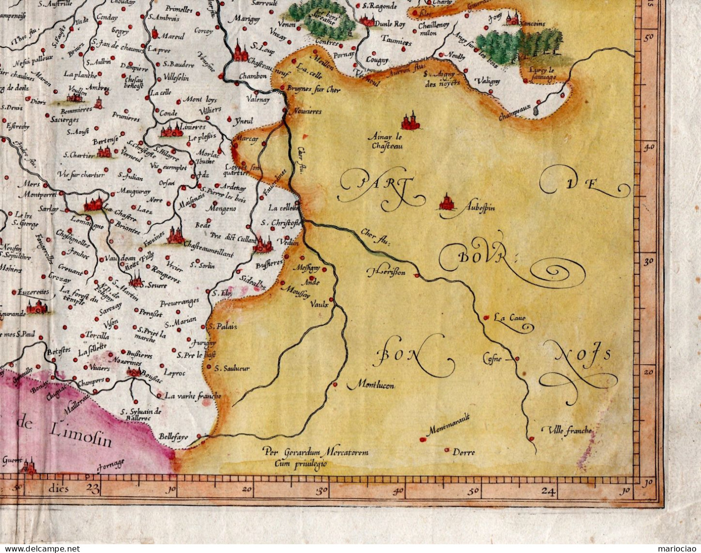 ST-FR BERRY DUCATUS 1610 Mercator-Hondius -BOURGES, Cher, Indre, Vienne Cm 52,5x39 - Estampes & Gravures