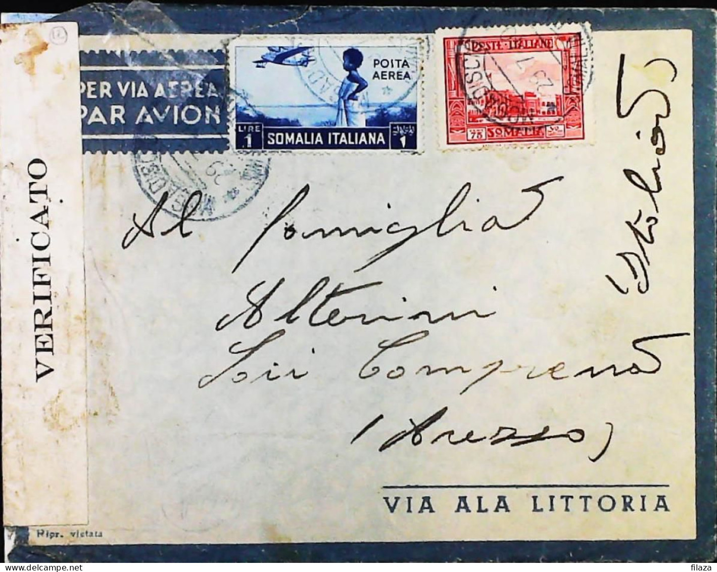 ITALIA - COLONIE -  SOMALIA Lettera Da MOGADISCIO Del 1940. ANNULLO AZZURRO- S6208 - Somalie