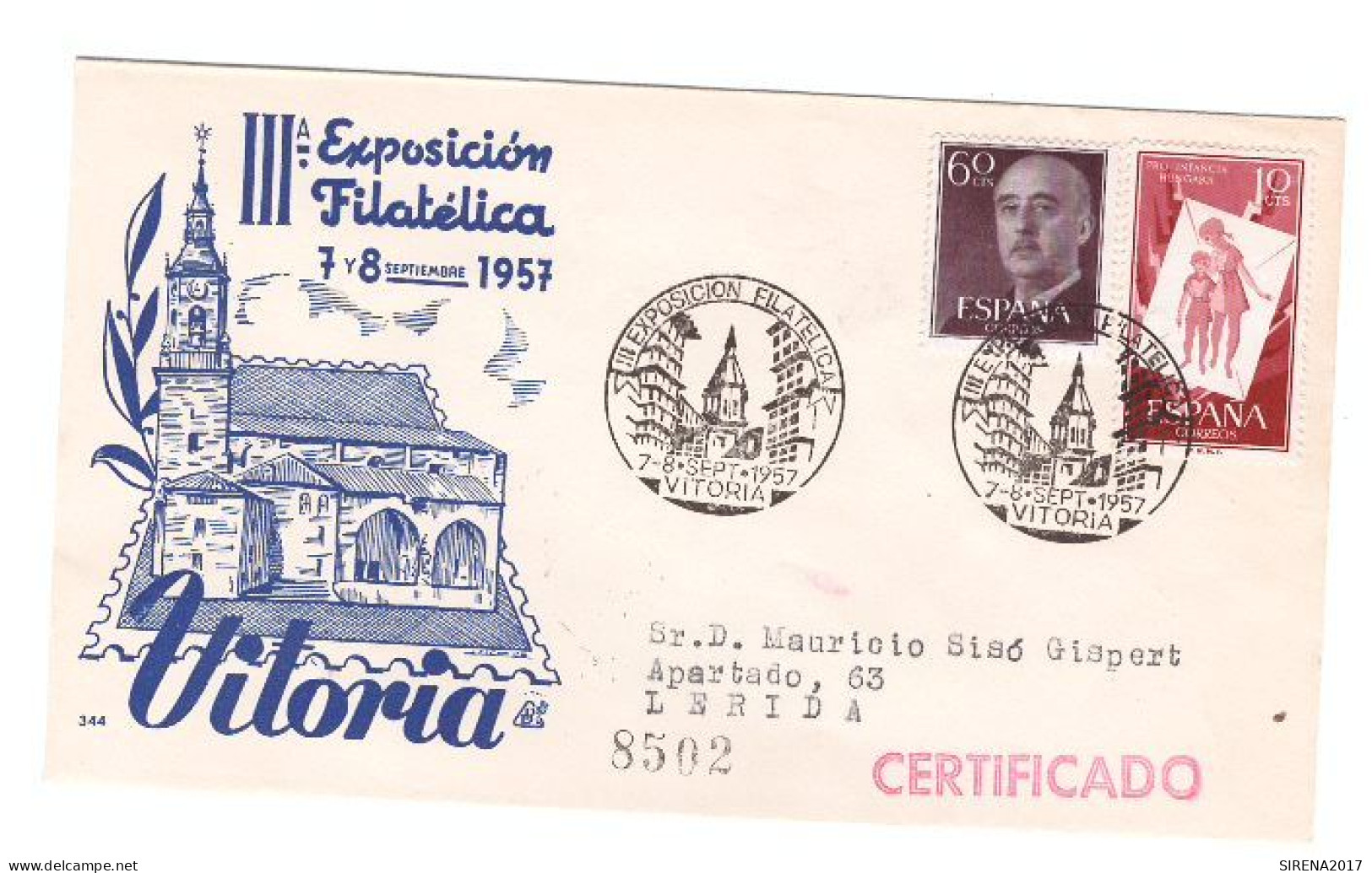 III° EXPOSICION FILATELICA VITORIA 1957 - SOBRE CON SELLOS Y SELLOS DE EVENTOS - Maschinenstempel (EMA)