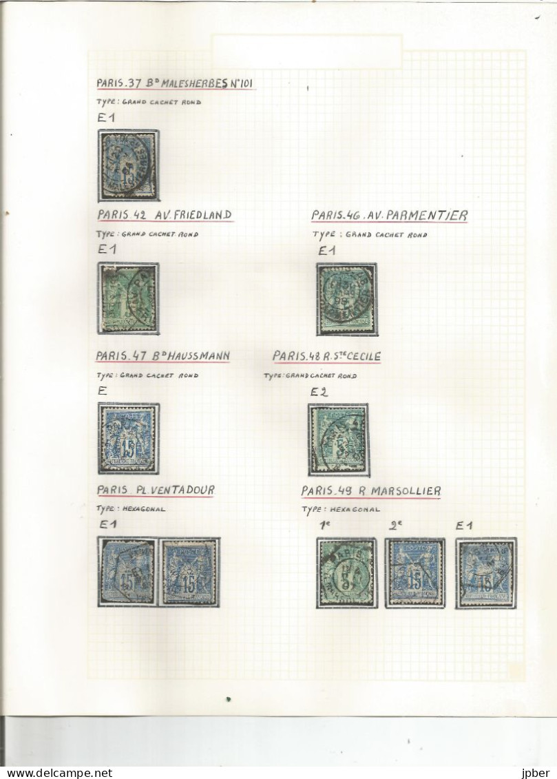 France - Sage - Etude des "Levées Exceptionnelles" sur cachets des bureaux de Paris - 109 timbres