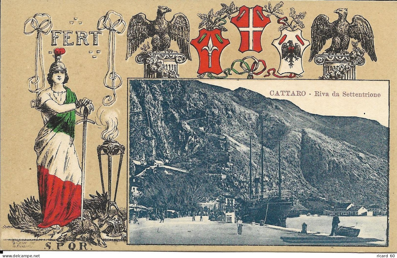 Cpa Kotor, Cattaro, Collection FERT, Devise Et Blason De La Maison De Savoie, Riva Da Settentrione - Montenegro