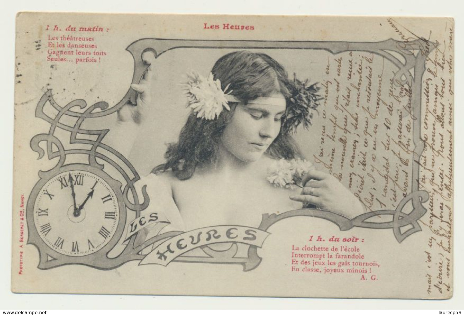 Carte Fantaisie Femme - Les Heures - 1 H Du Matin - 1 H Du Soir - Phototypie Bergeret - Bergeret