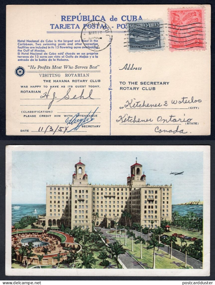 CUBA 1954 Two Values On Postcard To Canada. Hotel Advertising. Rotary Club (p2344) - Briefe U. Dokumente