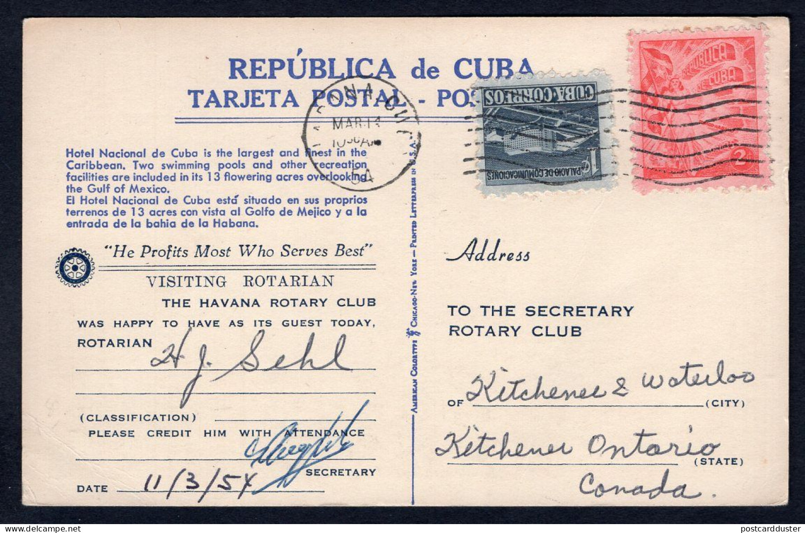 CUBA 1954 Two Values On Postcard To Canada. Hotel Advertising. Rotary Club (p2344) - Covers & Documents