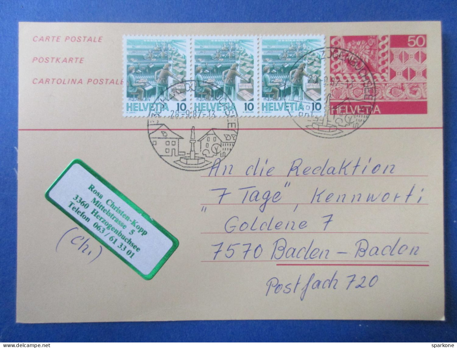 Helvetia - Suisse Entier Postal De 1987 - Stamped Stationery