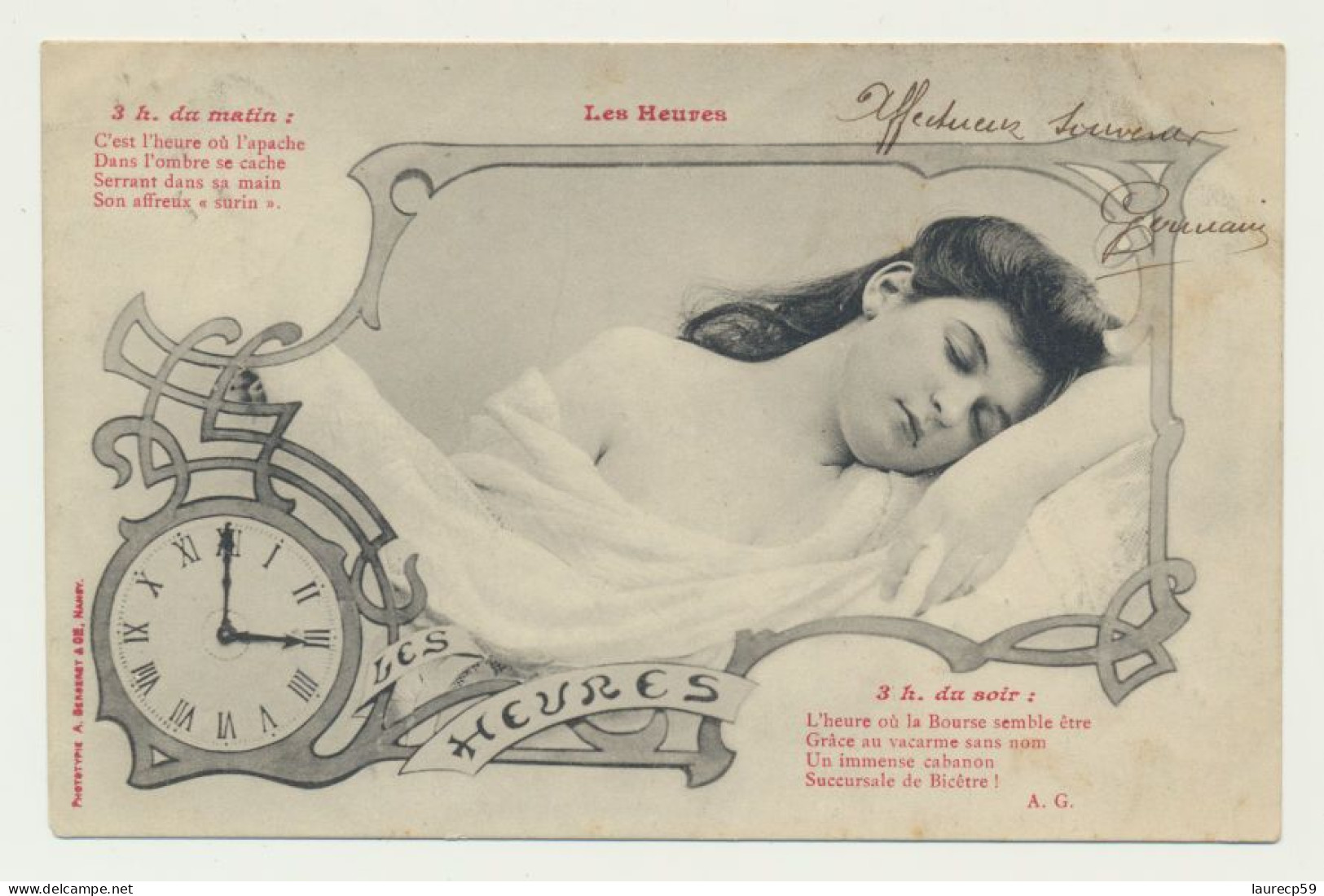 Carte Fantaisie Femme - Les Heures - 3 H Du Matin -  3 H Du Soir - Phototypie Bergeret - Bergeret