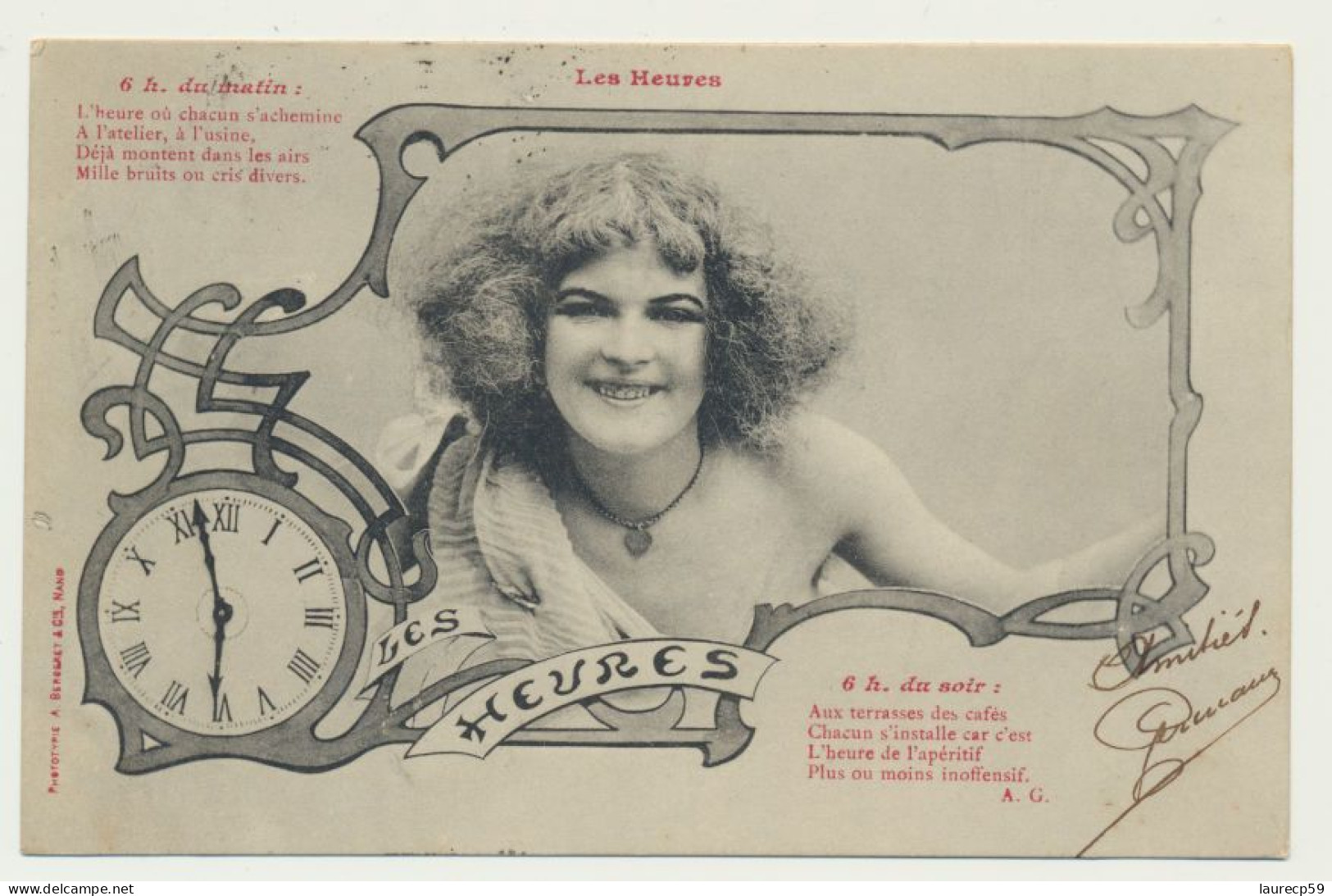 Carte Fantaisie Femme - Les Heures - 6 H Du Matin -  6 H Du Soir - Phototypie Bergeret - Bergeret