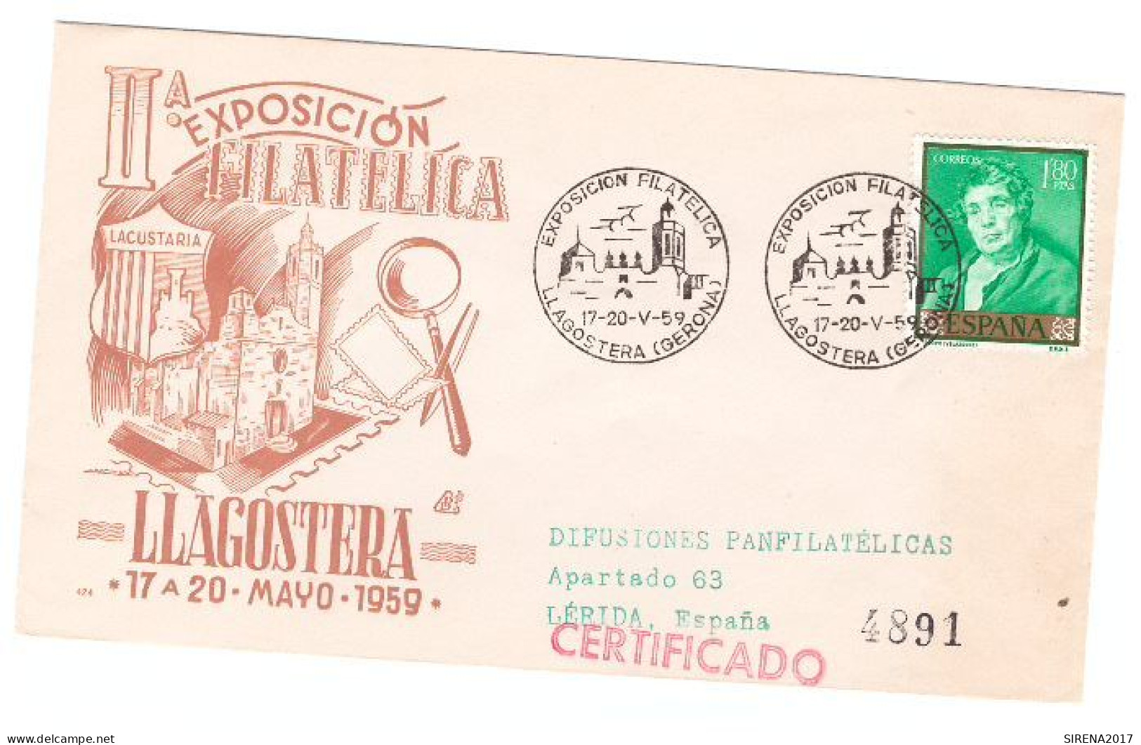 II° EXPOSICION FILATELICA LLAGOSTERA 1959 - SOBRE CON SELLOS Y SELLOS DE EVENTOS - Macchine Per Obliterare (EMA)