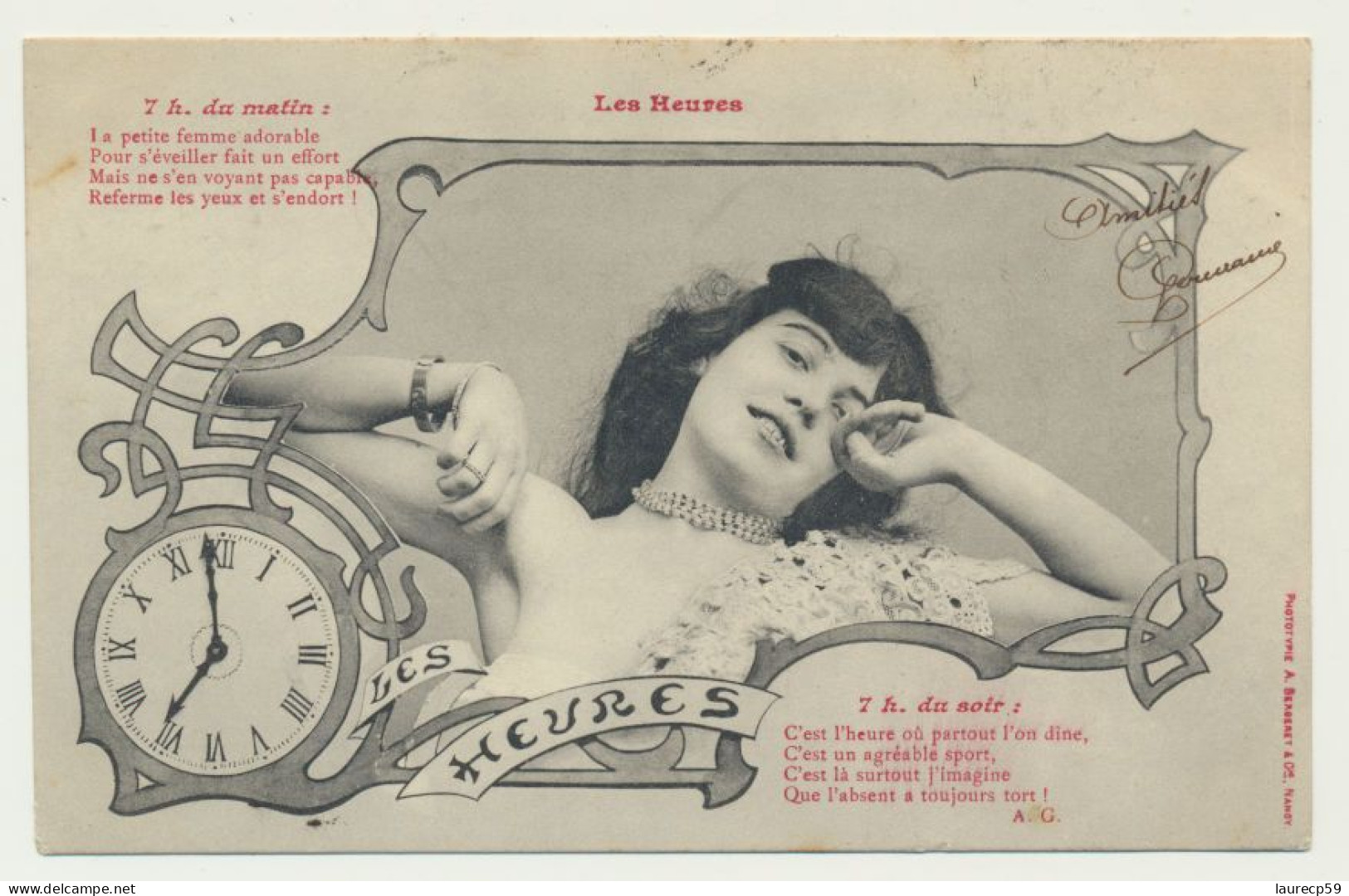 Carte Fantaisie Femme - Les Heures - 7 H Du Matin -  7 H Du Soir - Phototypie Bergeret - Bergeret