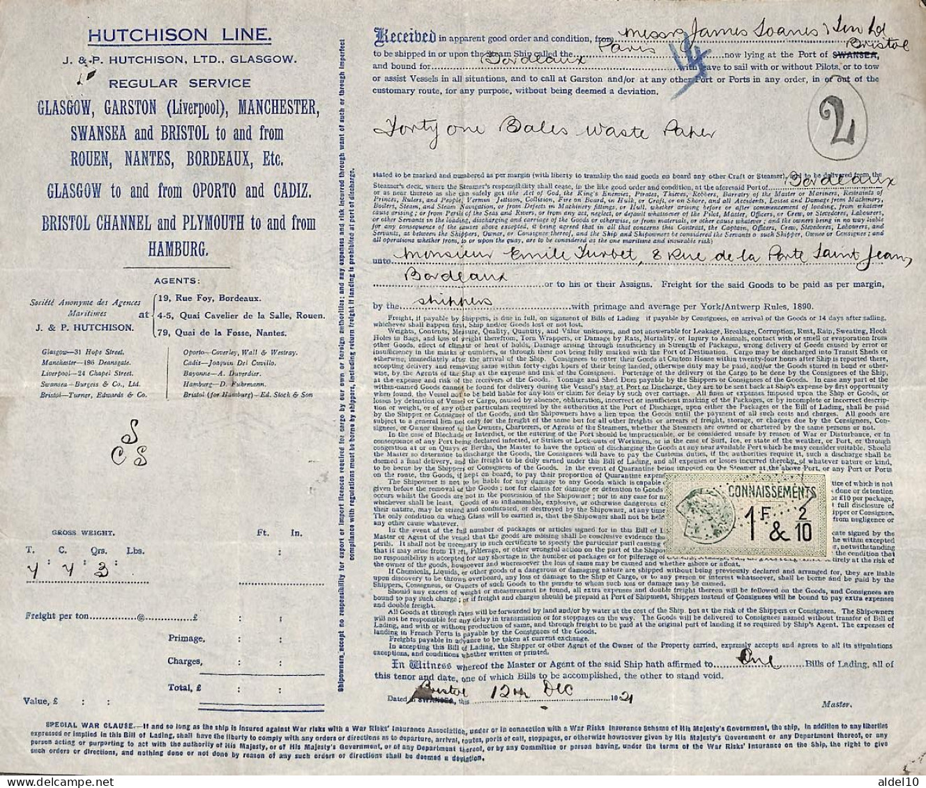 Connaissement De Bristol Pour Bordeaux 1921 Avec Timbre Valeur 1 F20 - Cartas & Documentos