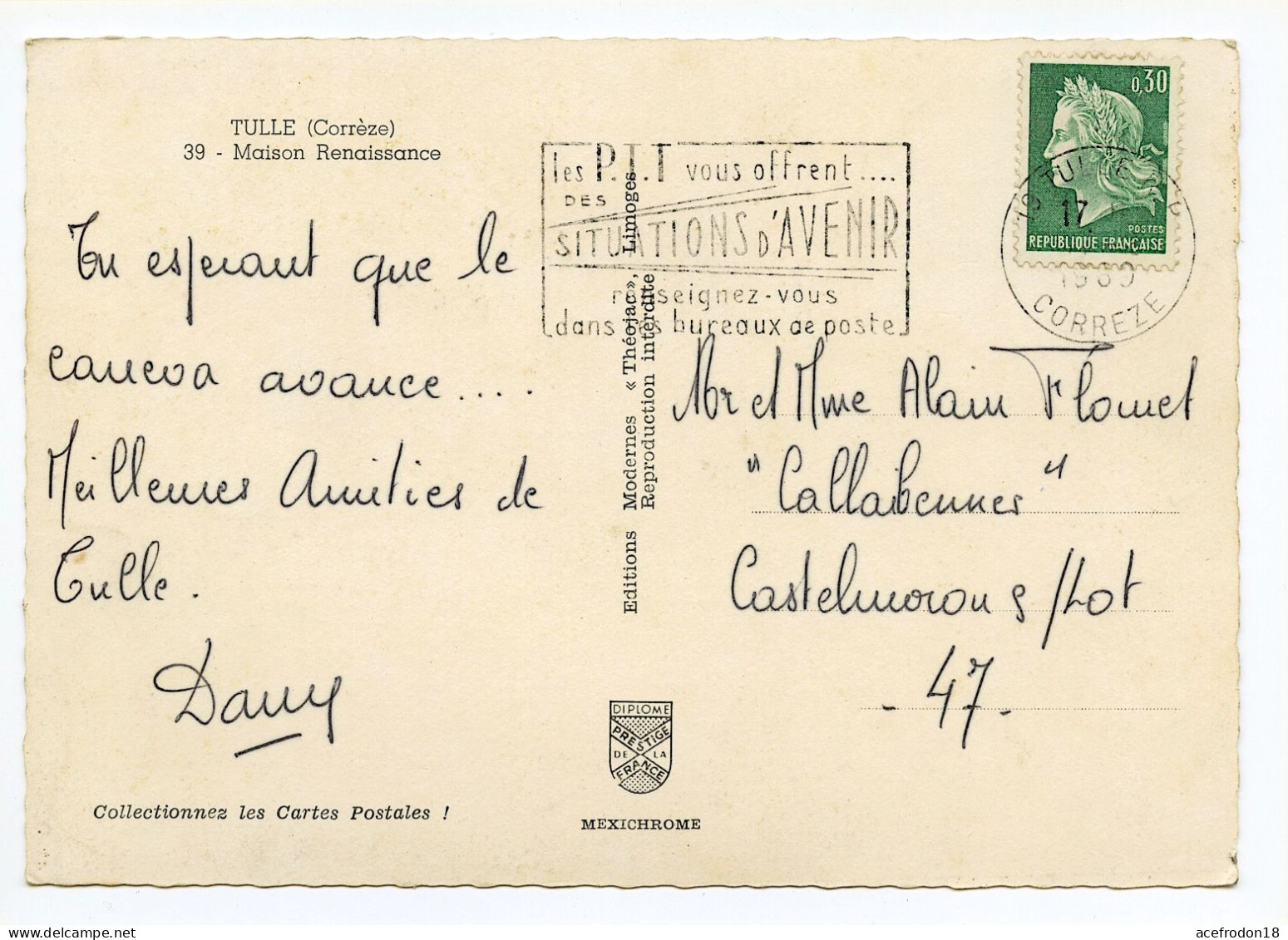 Cpsm De Tulle Pour Castelmoron-sur-Lot - Timbre 0,30f Marianne De Cheffer - Flamme PTT - Used Stamps