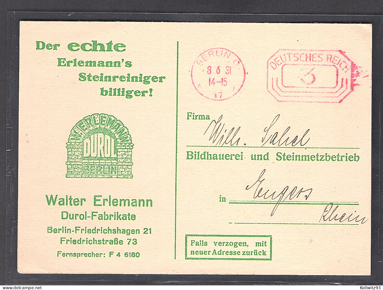 DR. Reklamekarte  Steinreiniger Walter Erlemann Berlin Mit AFS. - Other & Unclassified