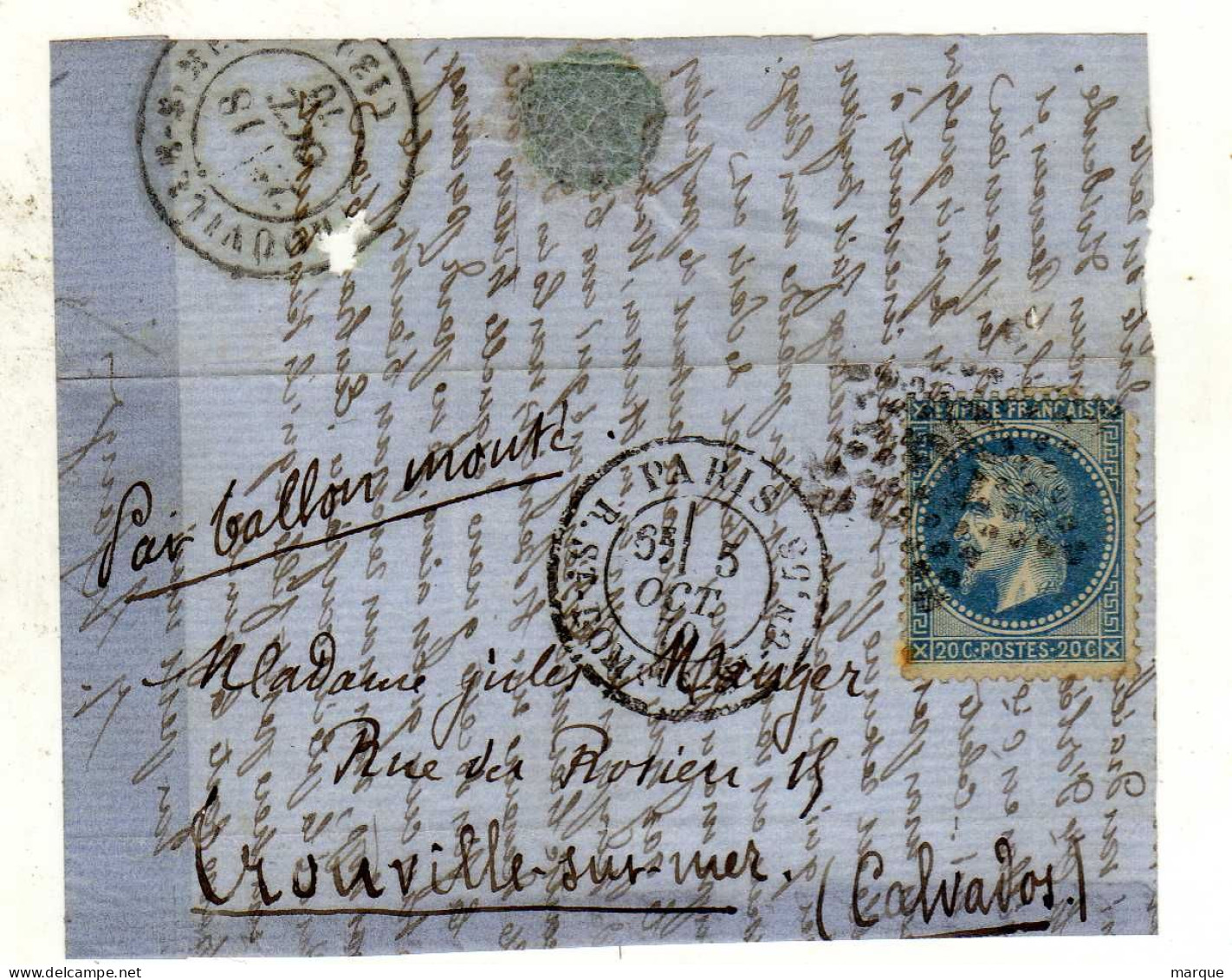Timbre 20c Bleu Sur Fragment Ballon Monté Départ 05/10/1870 Arrivée 18/10/1870 - 1849-1876: Klassik