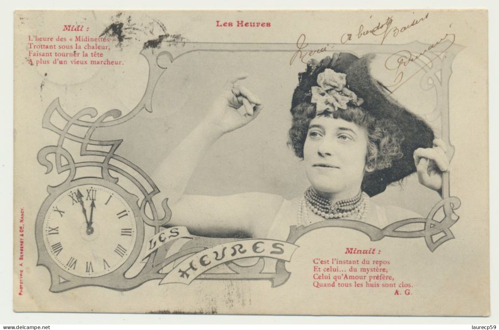 Carte Fantaisie Femme - Les Heures - Midi -  Minuit  - Phototypie Bergeret - Bergeret