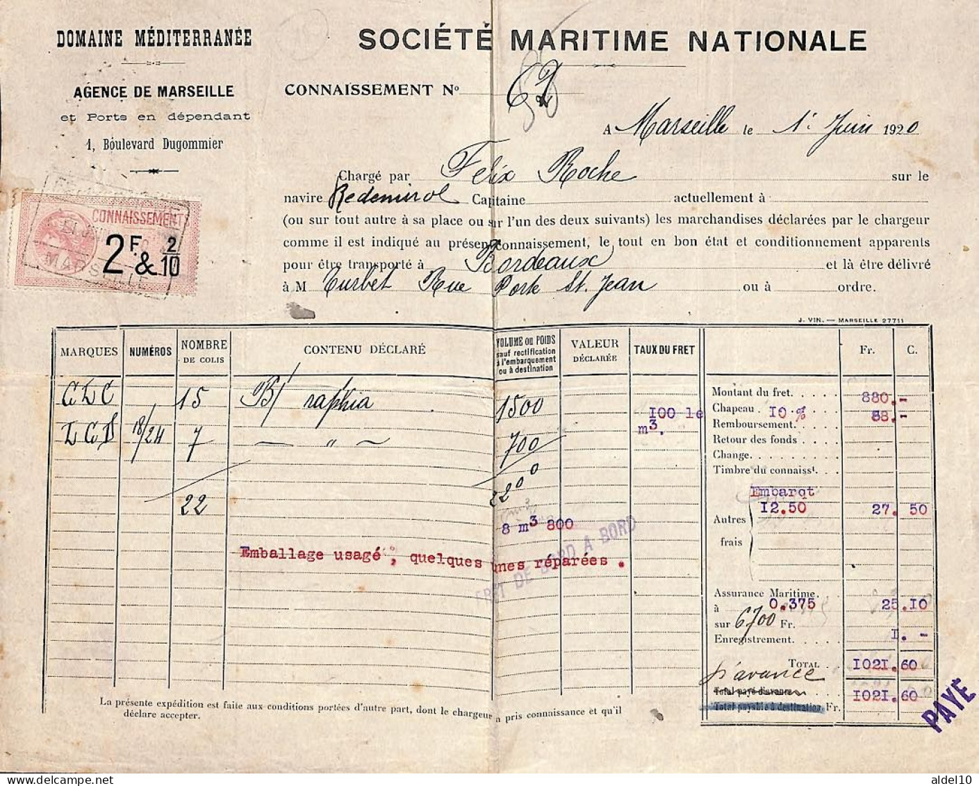 Connaissement De Marseille Pour Bordeaux 1920 Avec Timbre Valeur 2 F 2/10 Rose - Lettres & Documents