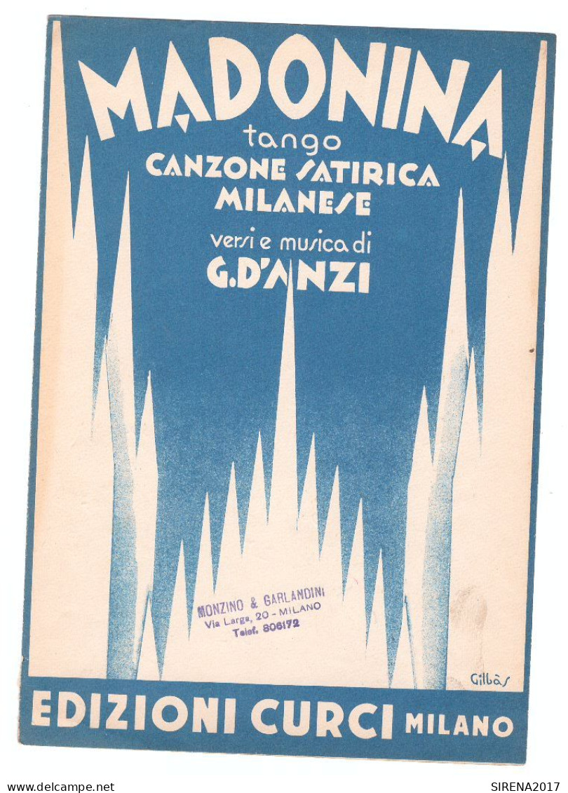 MADONINA - TANGO - D'ANZI - CANZONE SATIRICA MILANESE - EDIZIONI CURCI - MILANO - Musique Folklorique