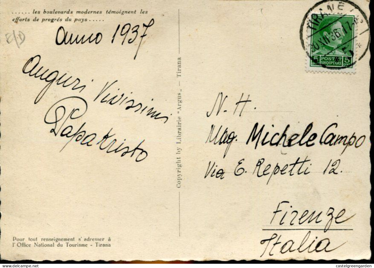 X389 Albania, Card Circuled 1937 From Tirana To Firenze Italy  (see 2 Scan) - Albanien