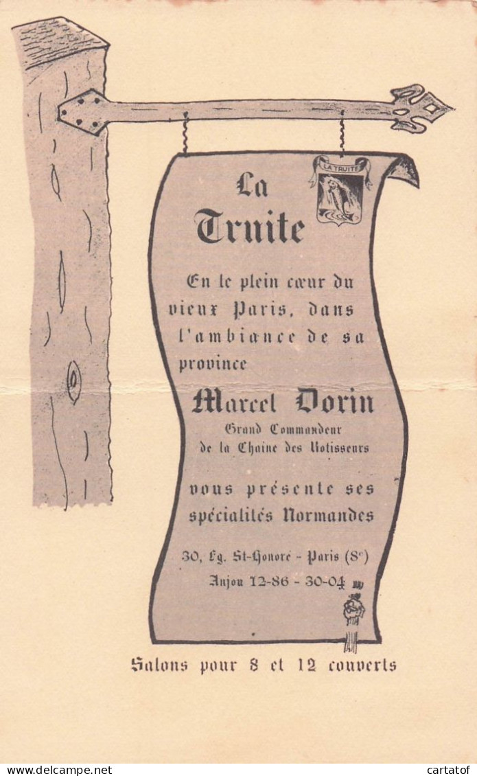 LA TRUITE . Marcel DORIN .  PARIS  - Cartes D'hotel