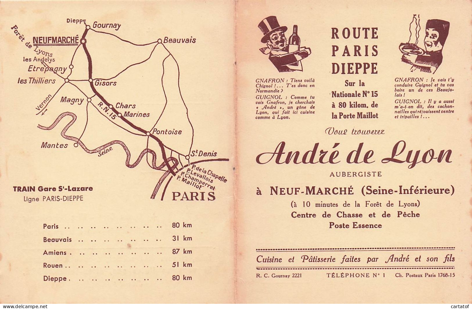 ANDRE DE LYON Aubergiste . Route Paris-Dieppe à NEUF MARCHE - Hotelsleutels (kaarten)