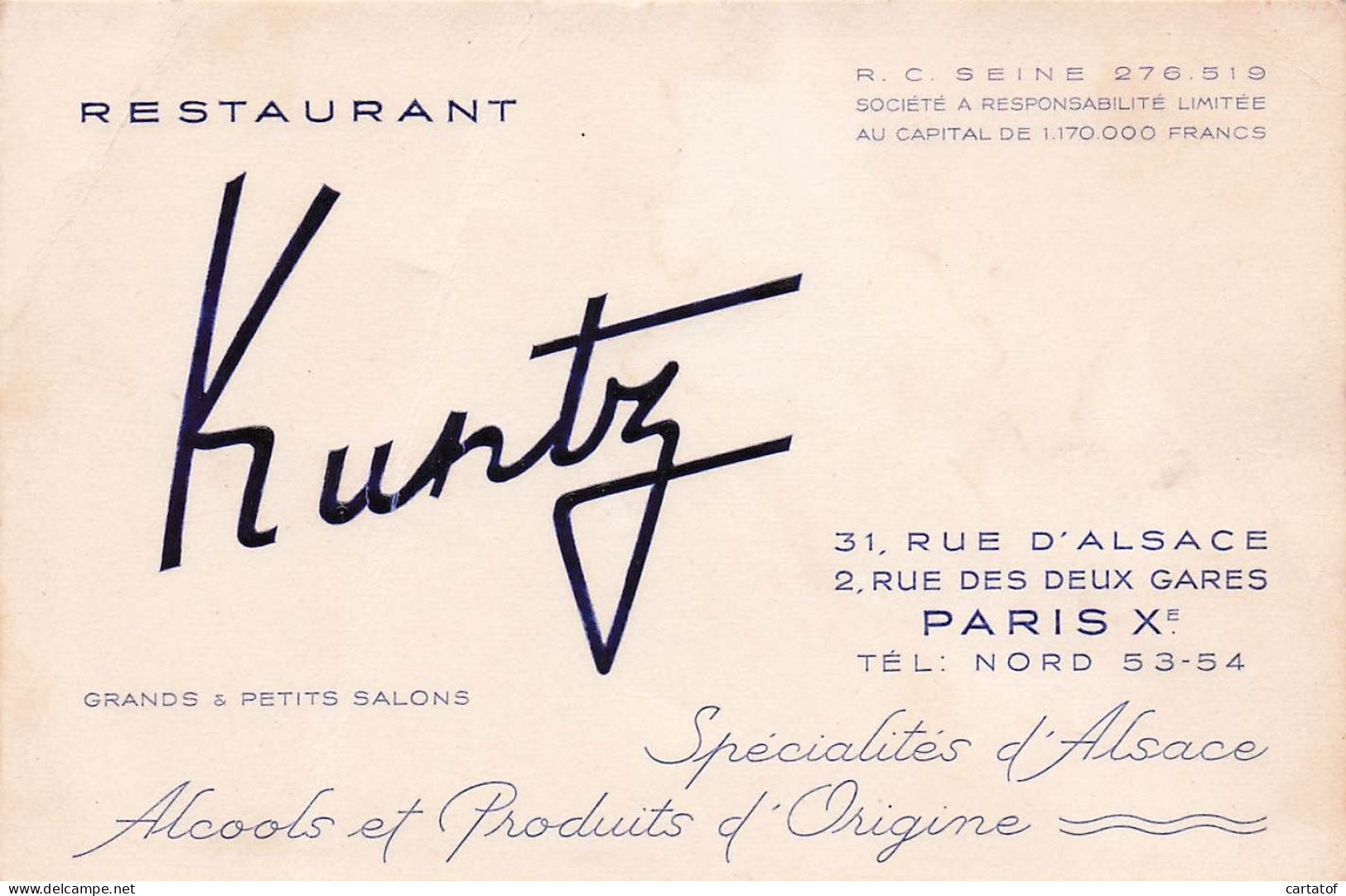 Restaurant KUNTZ .  PARIS .  - Hotelsleutels (kaarten)