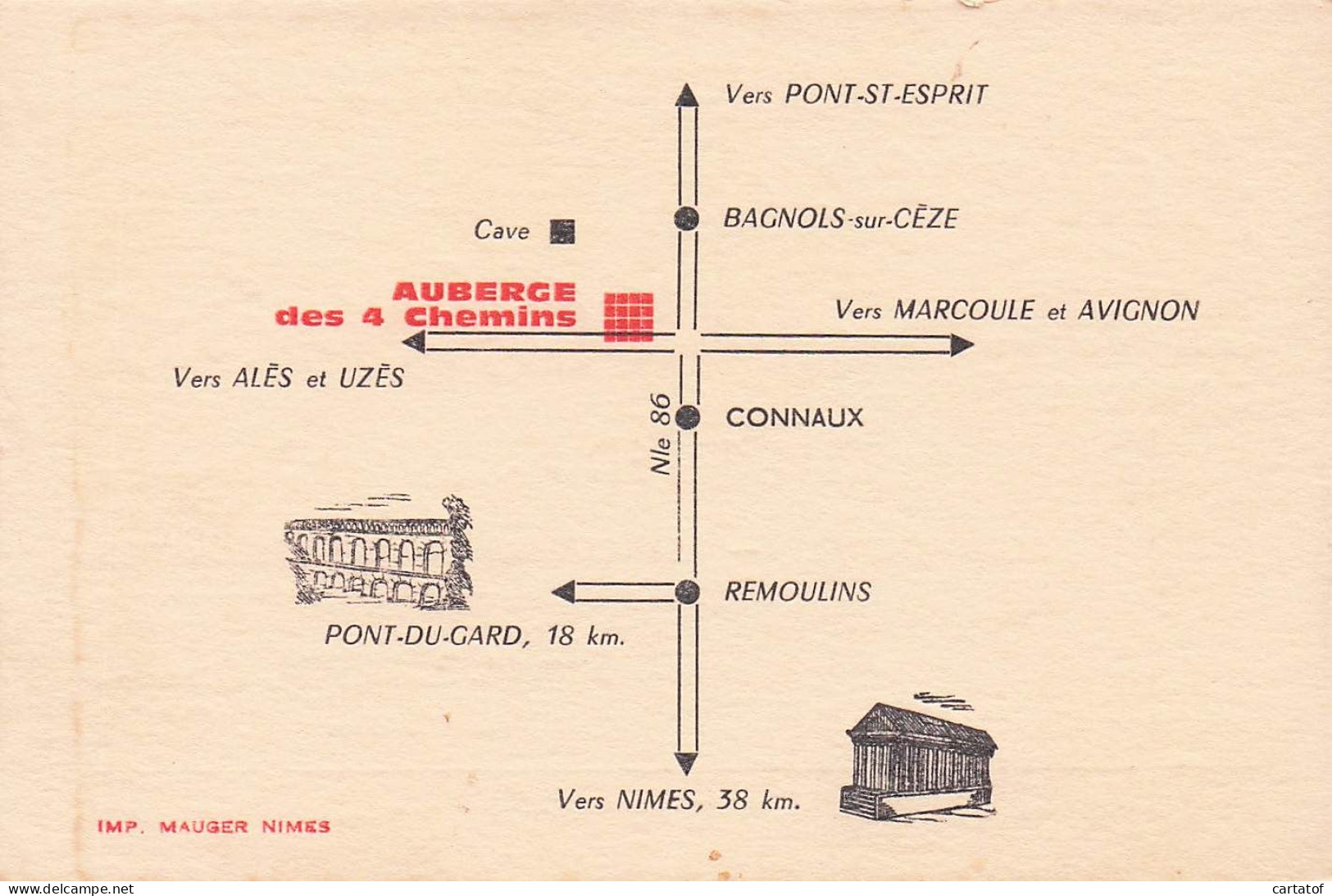Auberge Des 4 CHEMINS . Mme PERIN . CONNAUX ( LAUDUN ?) . - Hotelkarten
