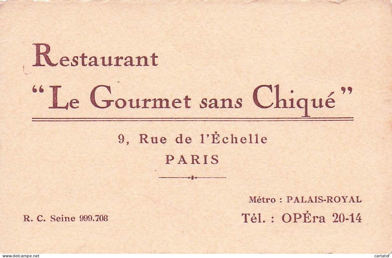 Restaurant  LE GOURMET SANS CHIQUE . PARIS  - Hotelkarten