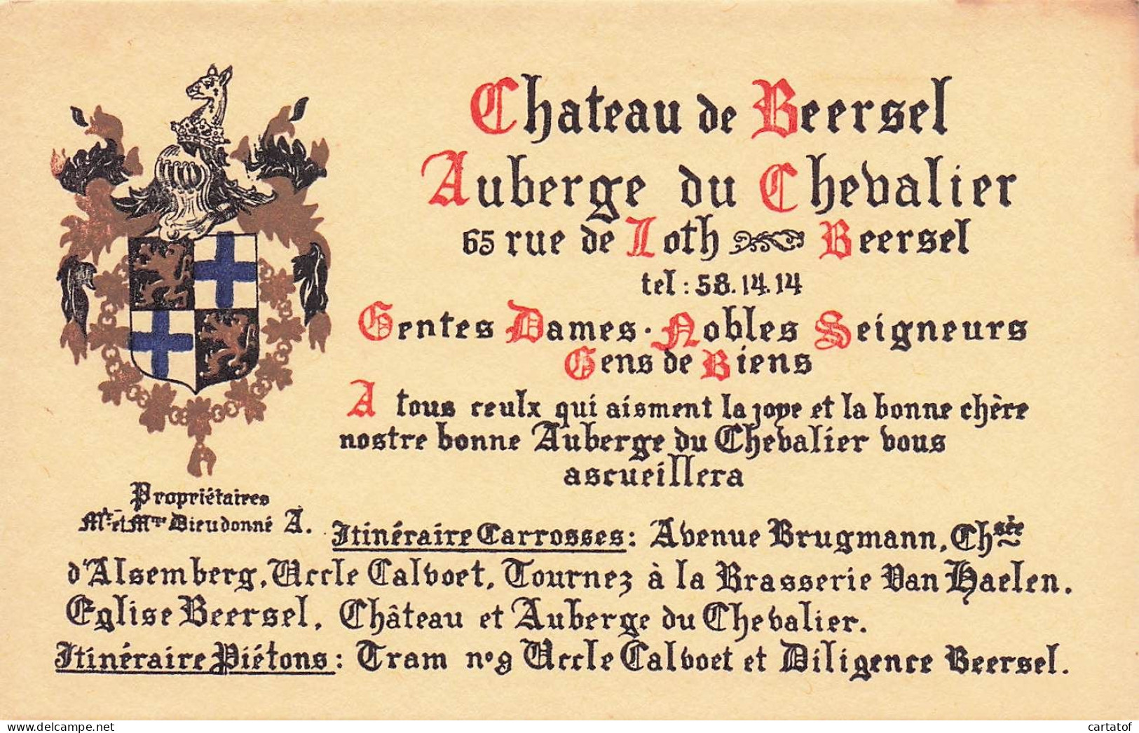 Auberge Du Chevalier. Château De Beersel .  - Cartes D'hotel