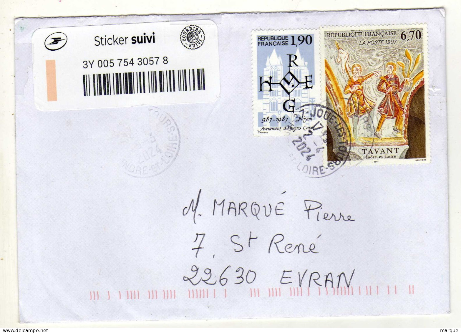 Enveloppe FRANCE Avec Sticker Suivi Oblitération 37 JOUE LES TOURS 02/04/2024 - Manual Postmarks