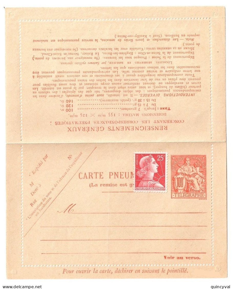 Pneumatique Carte Lettre Chaplain 100f Ajout 25 F Muller Rouge Neuf Yv 2613 Tf 6 1 1959  +25F - Rohrpost