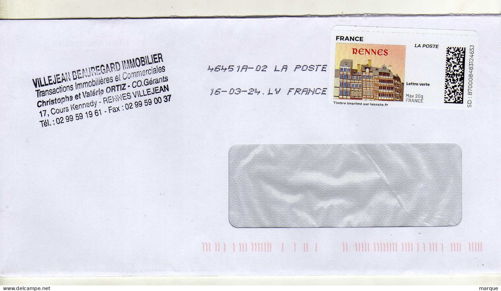 Enveloppe FRANCE Avec Vignette Affranchissement Lettre Verte Oblitération LA POSTE 46451A-02 16/03/2024 - 2010-... Abgebildete Automatenmarke