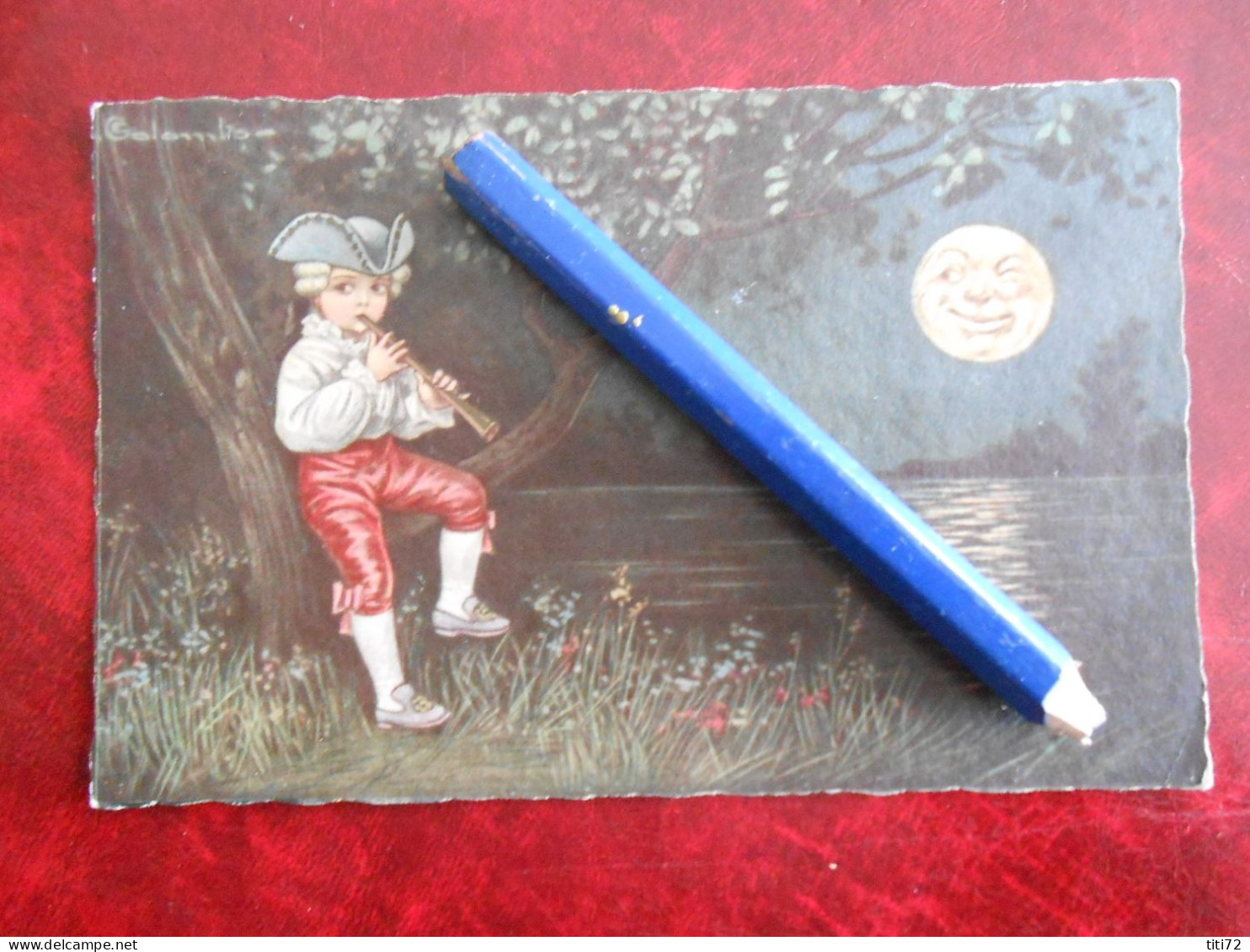 Illustrateur COLOMBO  Enfant  Musicien Flute Au Clair De La Lune Circulée 1928 - Colombo, E.