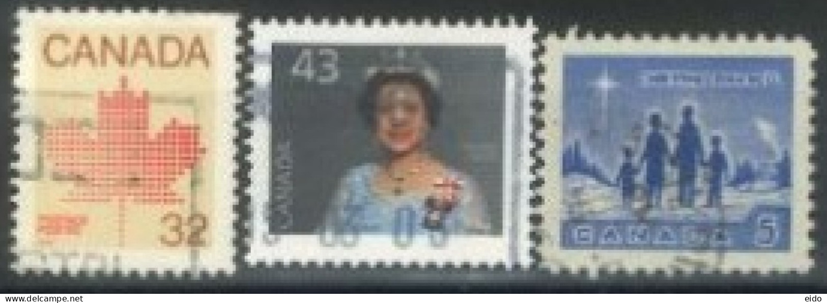 CANADA - 1977/82/85, CANADIAN MAPLE LEAF EMBLEM, QUEEN ELIZABETH II, & CANADIAN FAMILY STAMPS SET OF 3, USED. - Gebruikt