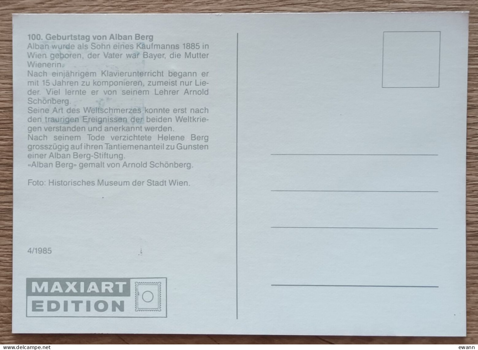 Autriche - CM 1985 - YT N°1632 - Alban Berg, Compositeur - Maximumkaarten