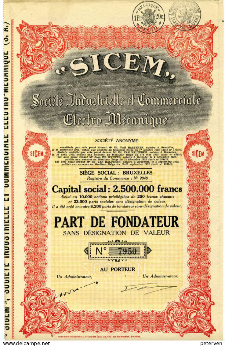 "SICEM" Industrielle Et Commerciale Électro-Mécanique; Part De Fondateur - Elektriciteit En Gas