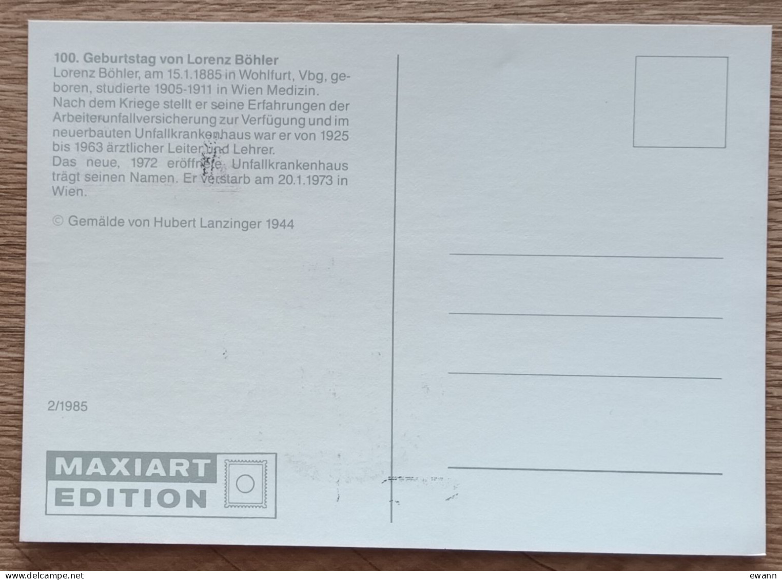 Autriche - CM 1985 - YT N°1629 - Professeur Lorenz Böhler - Maximumkaarten