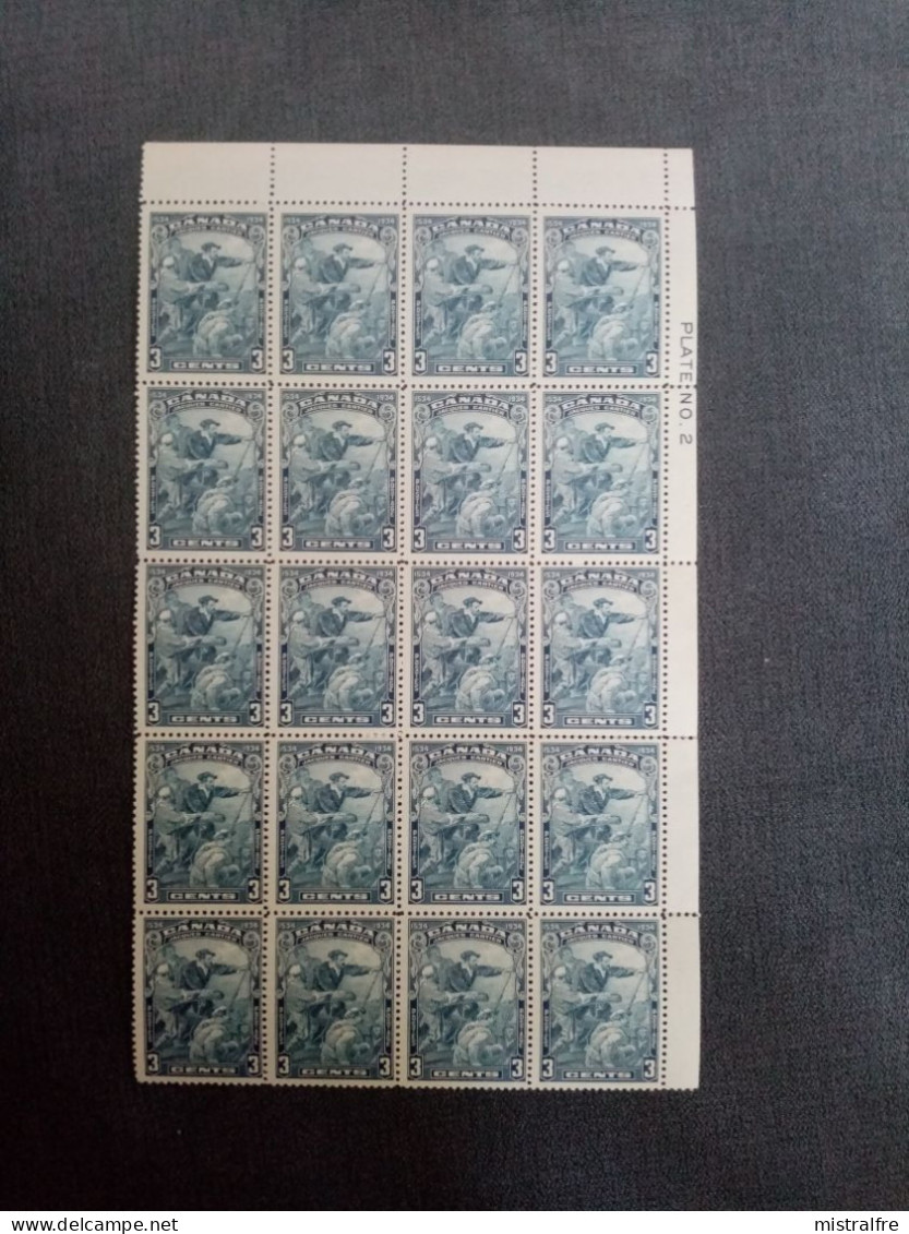 CANADA.1934. N°170 Feuille De 20ex " 4éme Centenaire De L'arrivée De Jacques CARTIER ".NEUFS++.Côte YT 2020 : 140,00 € - Unused Stamps