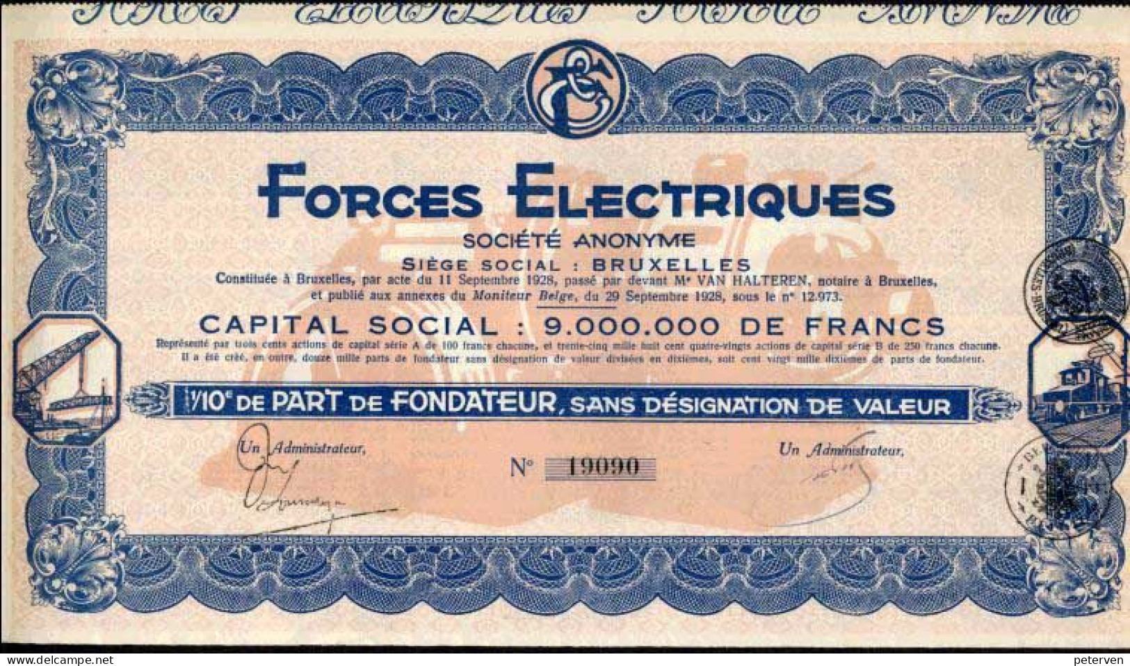 FORCES ELECTRIQUES; 1/10e Part De Fondateur - Elektriciteit En Gas