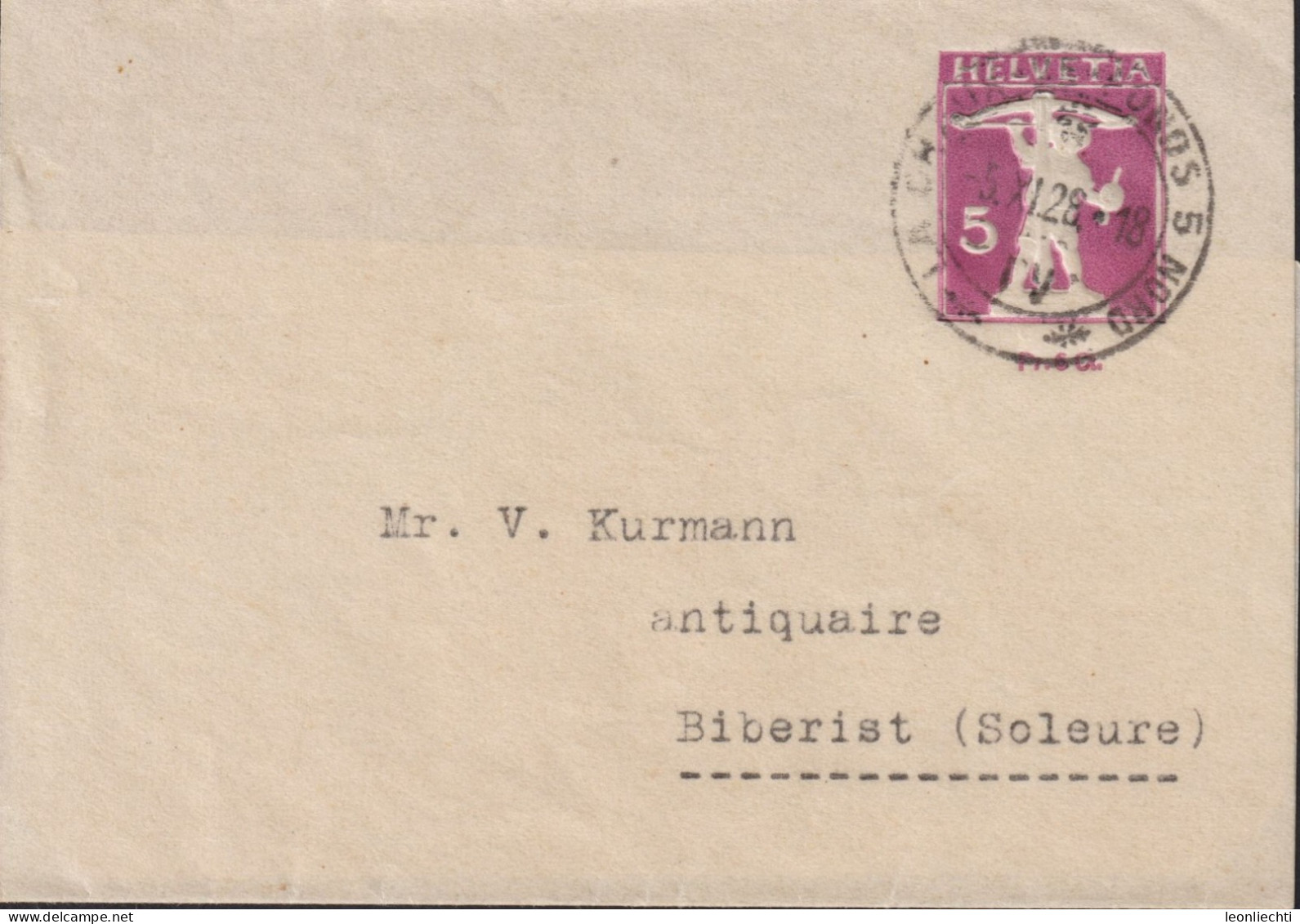 1928 Schweiz Streifband Zum: 42, 5 Cts - Pr.6 Cts, Grauviolett Tell Knabe, ⵙ LA CHAUX DE FONDS - NORD - Enteros Postales