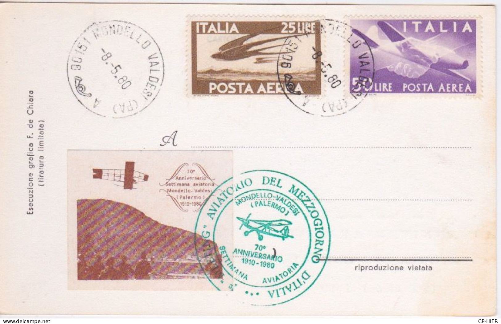 AVIATION - 70 ° ANNIVERSAIRE 1910 1980 - MEETING POSTE AERIENNE ITALIE - MONDELLO VALDESI PALERMO - Flugzeuge