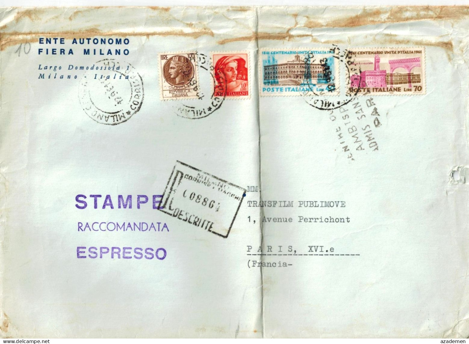 Lettre De MILANO Pour La France, 1961. - 1961-70: Poststempel